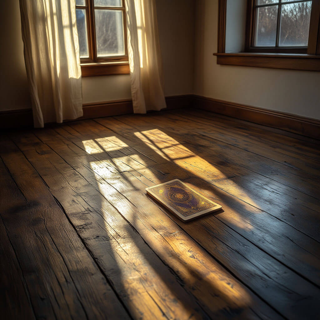 Prázdné místo na podlaze, kde ležela karta Tarot — jen stíny a světlo