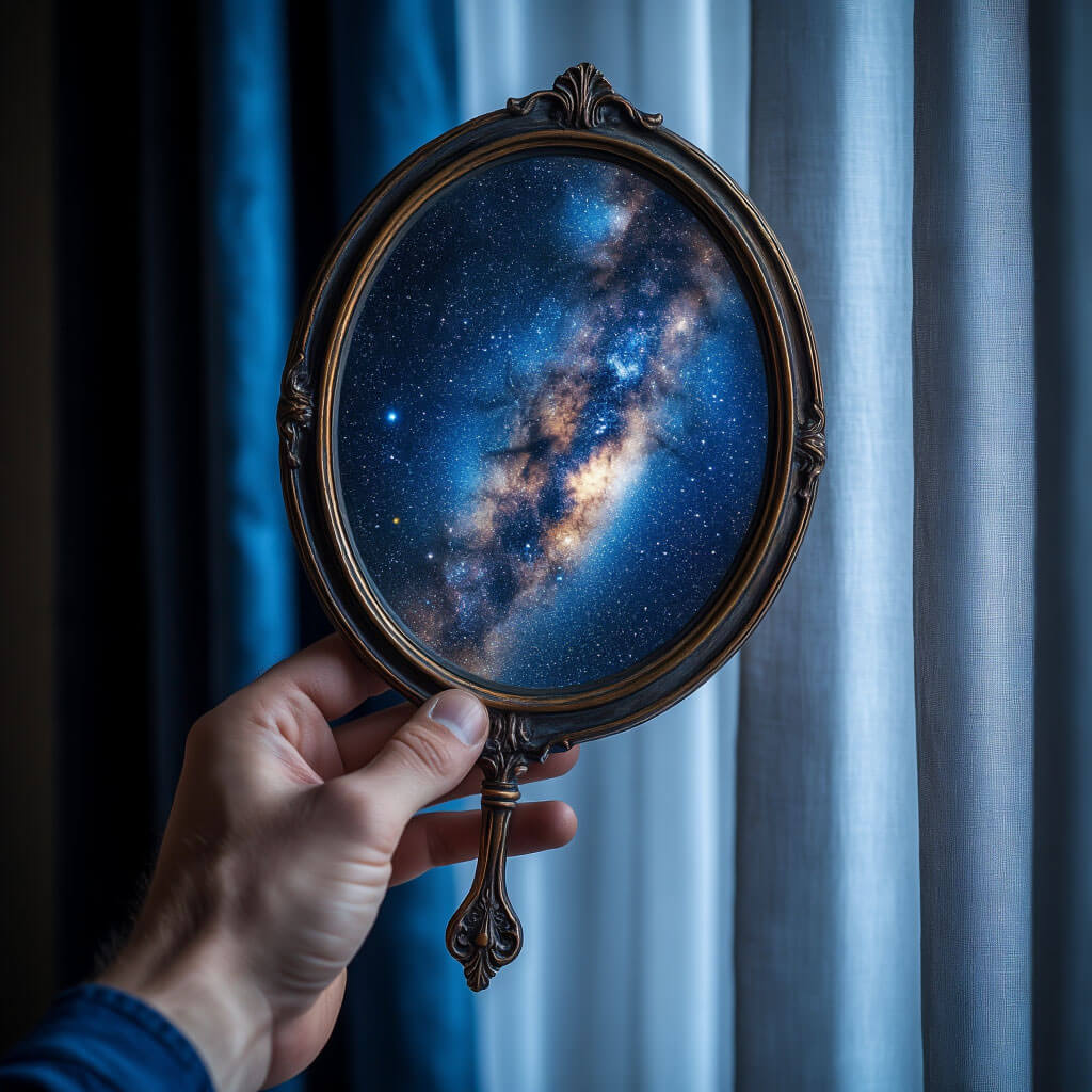 Ruka držící zrcadlo s odrazem deště